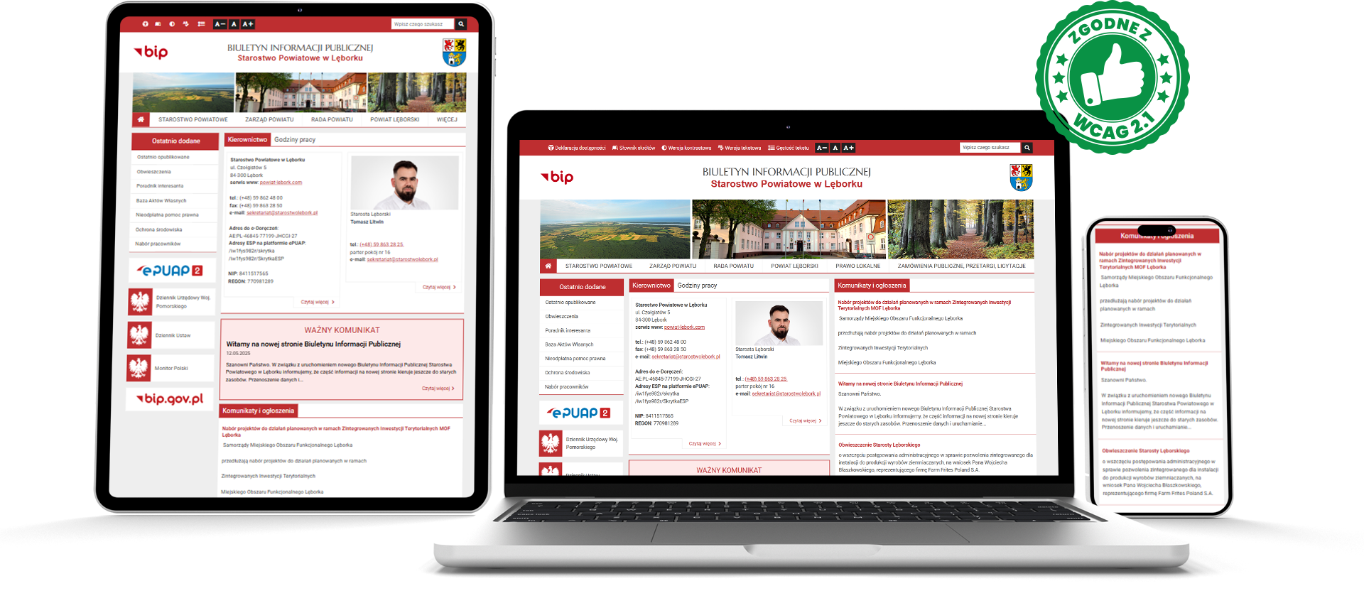 Wizualizacja strony BIP Starostwa Powiatowego w Lęborku na różnych urządzeniach (desktop, mobile) 